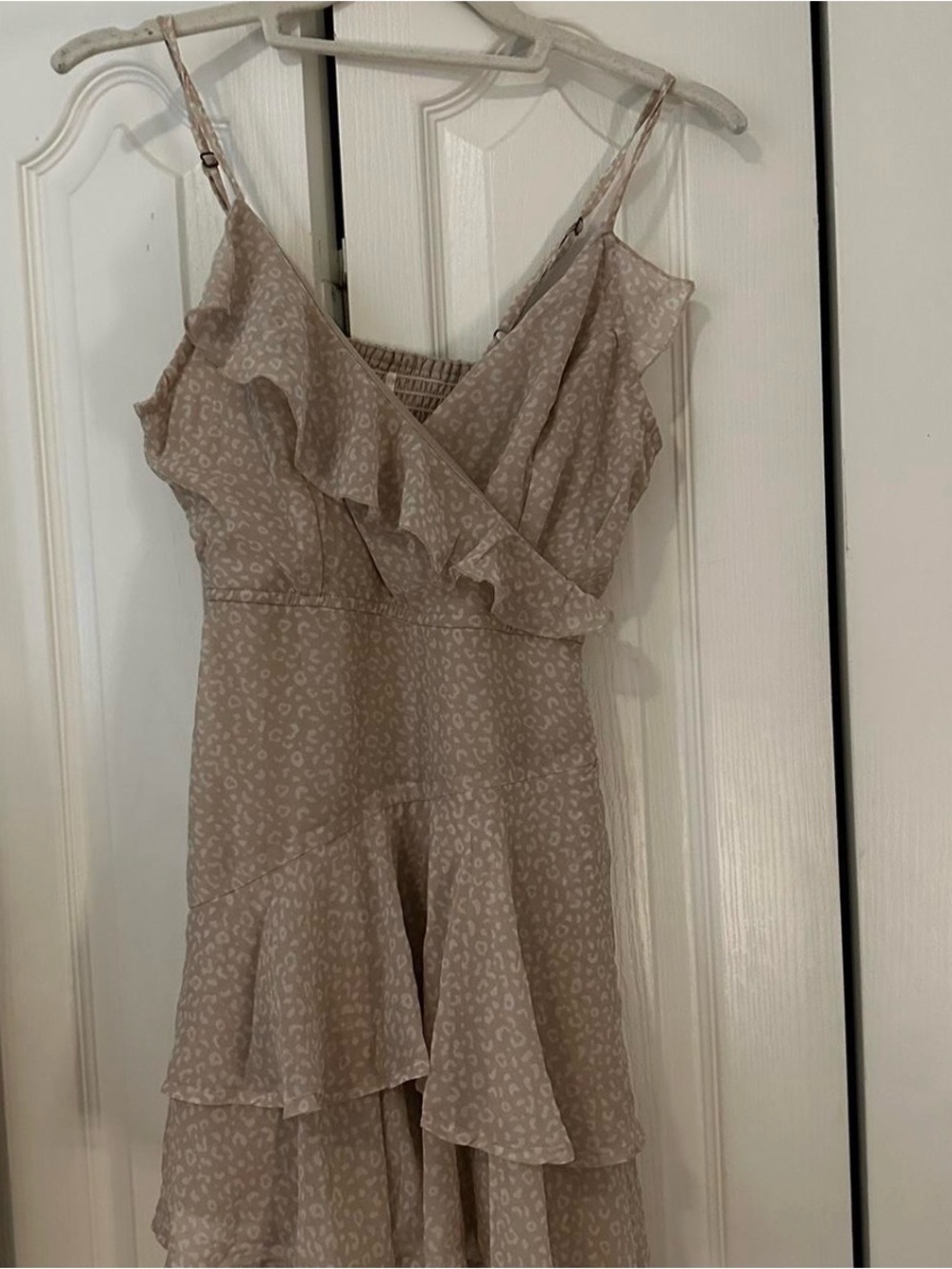 Taupe Cheetah Print Ruffle Spaghetti Strap Tiered Dress